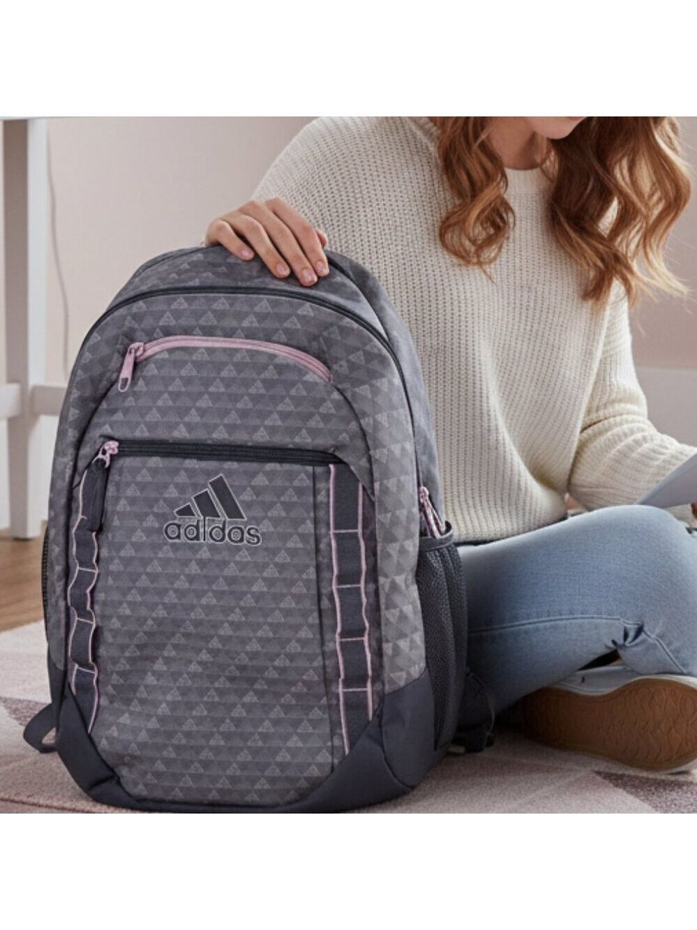 Adidas Youth Backpack Gray Pink School Laptop Travel Book Bag